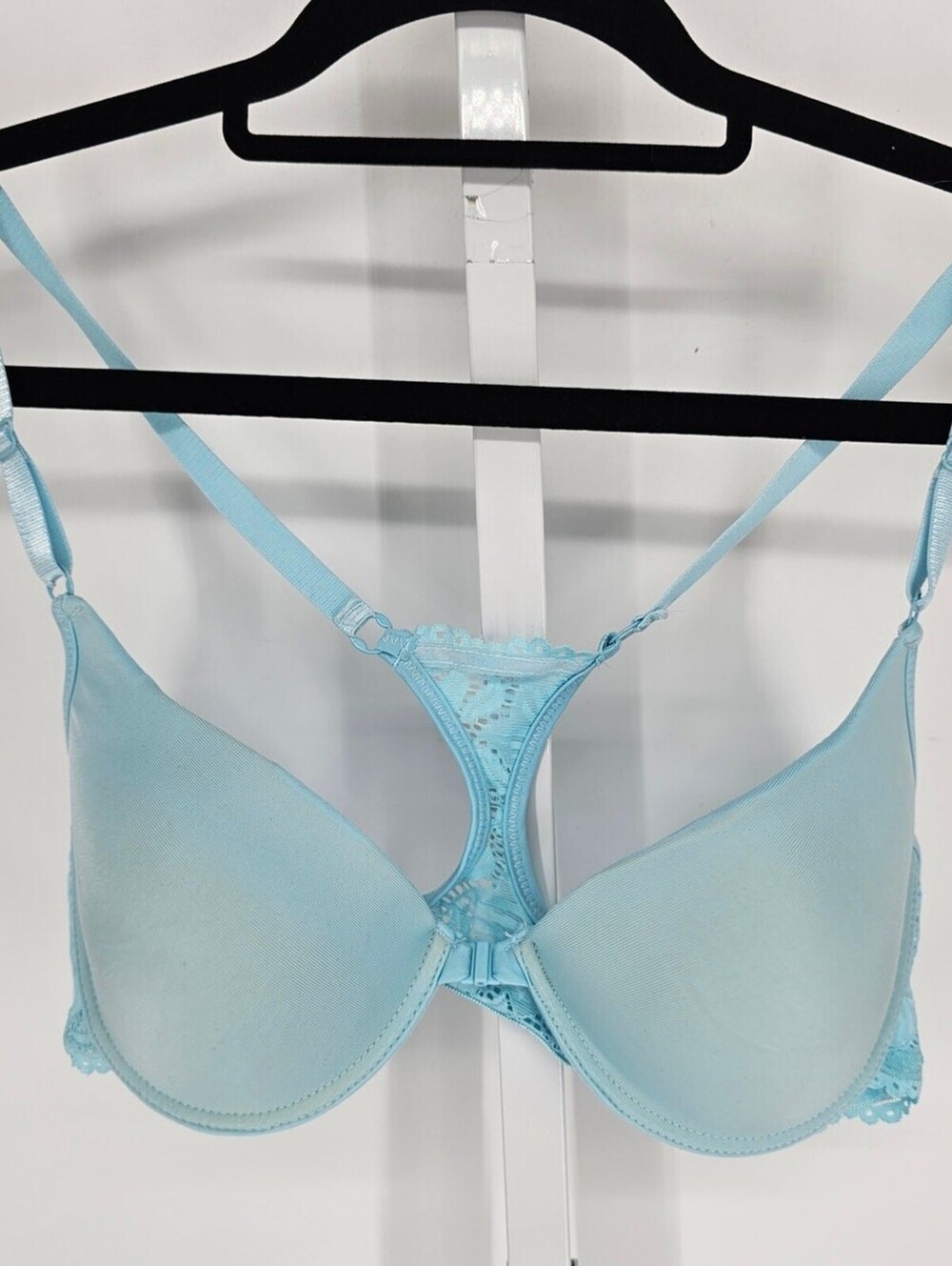 Vintage Y2K Womens Sz 36C Front Clasp T Shirt Bra Light Blue Lace